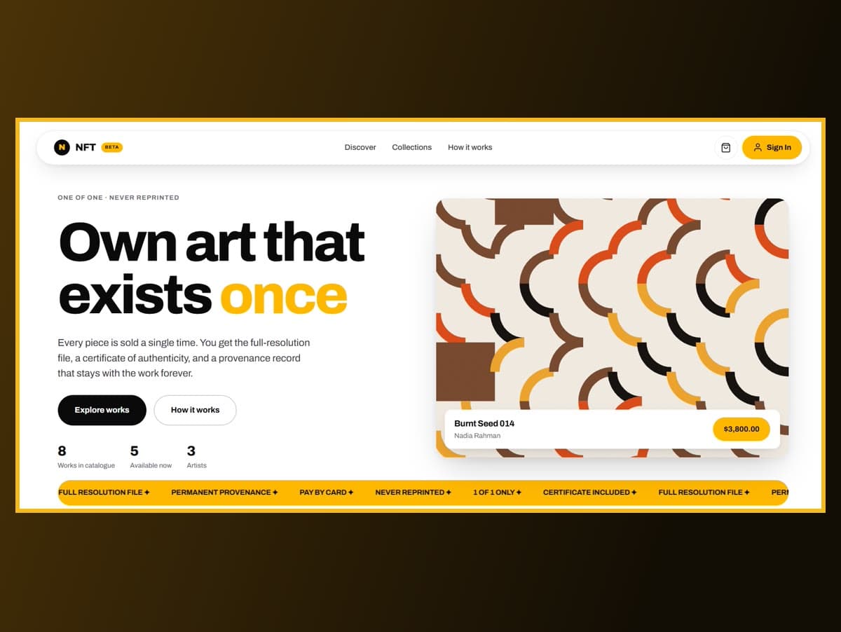 NFT Art Marketplace — 1-of-1 art with smart-contract checkout